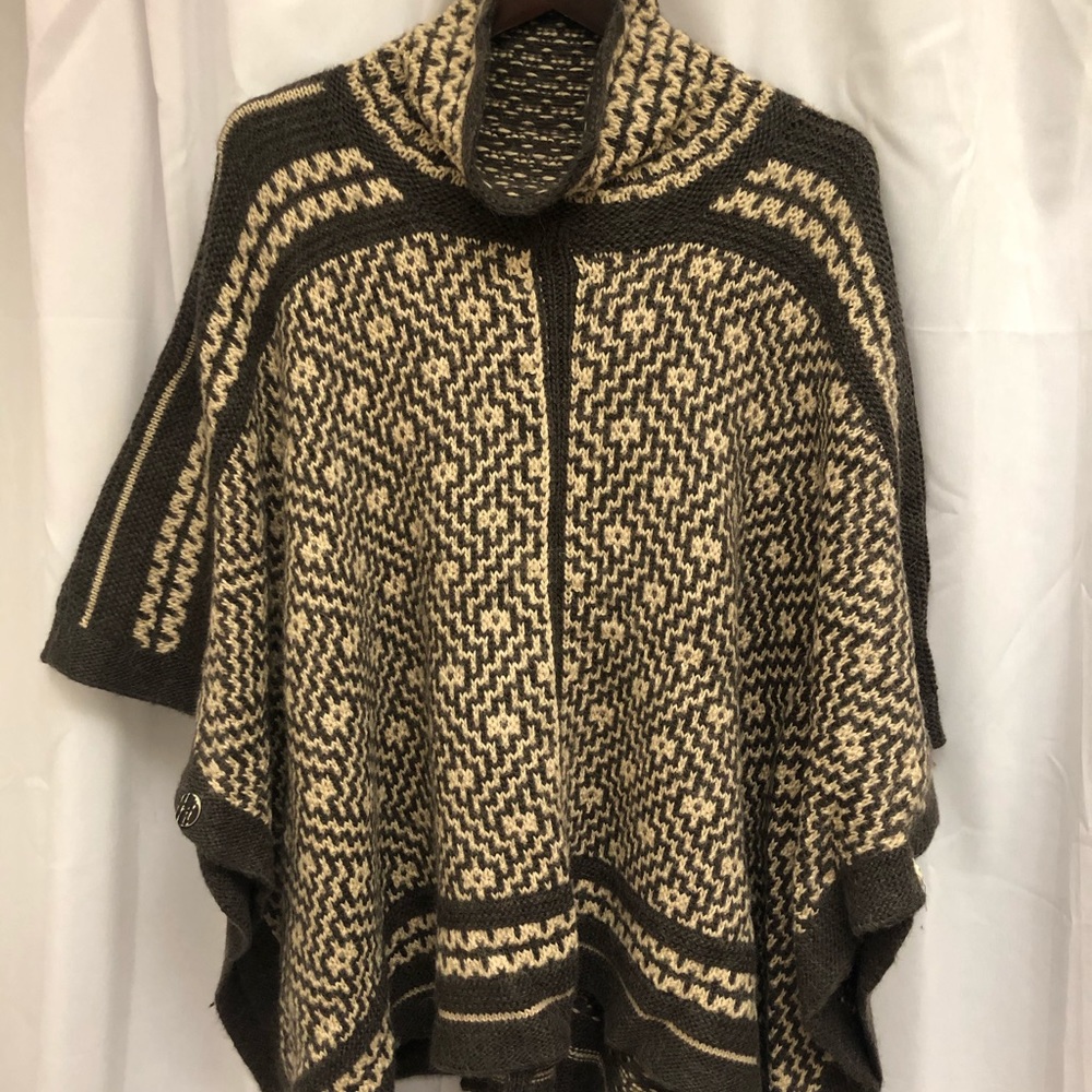 Lauren Ralph Lauren Brown and Cream Knit Cowl Poncho Sweater
